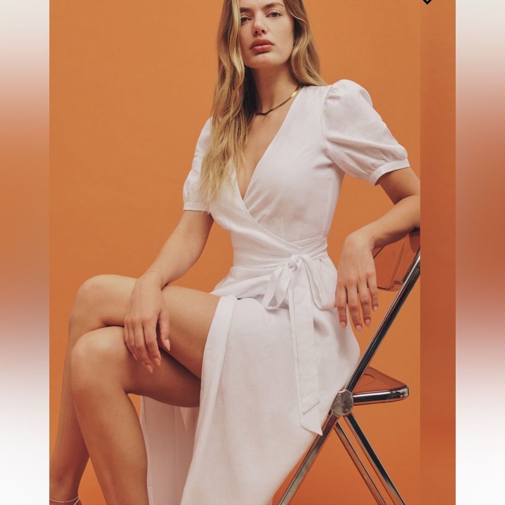Reformation White Wrap Midi Dress with Puff Sleeves XS